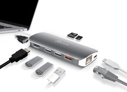 j5create USB C Hub Adapter Multi-Monitor 10-in-1 Port Docking Station 4K HDMI, VGA, Ethernet, USB 3.0, MicroSD, SD, USB-C 3.1 + Power Delivery | for PC, Laptop, Tablet, Display Connection
