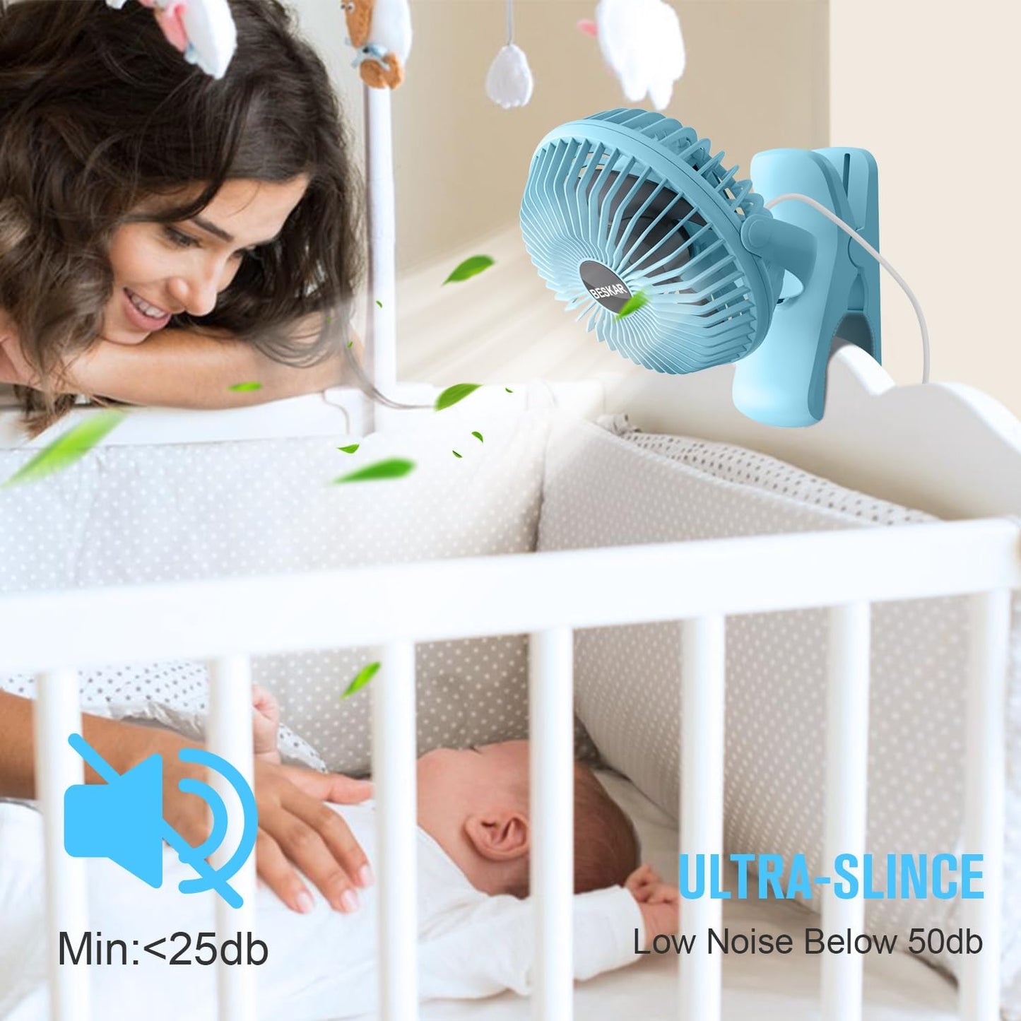 BESKAR Clip on Fan, Portable Small Desk Fans with Strong Airflow, 3 Speeds with Personal Fans Sturdy Clamp, Quiet Desk Fan & Clip Fan with USB Cord Powered - No Battery