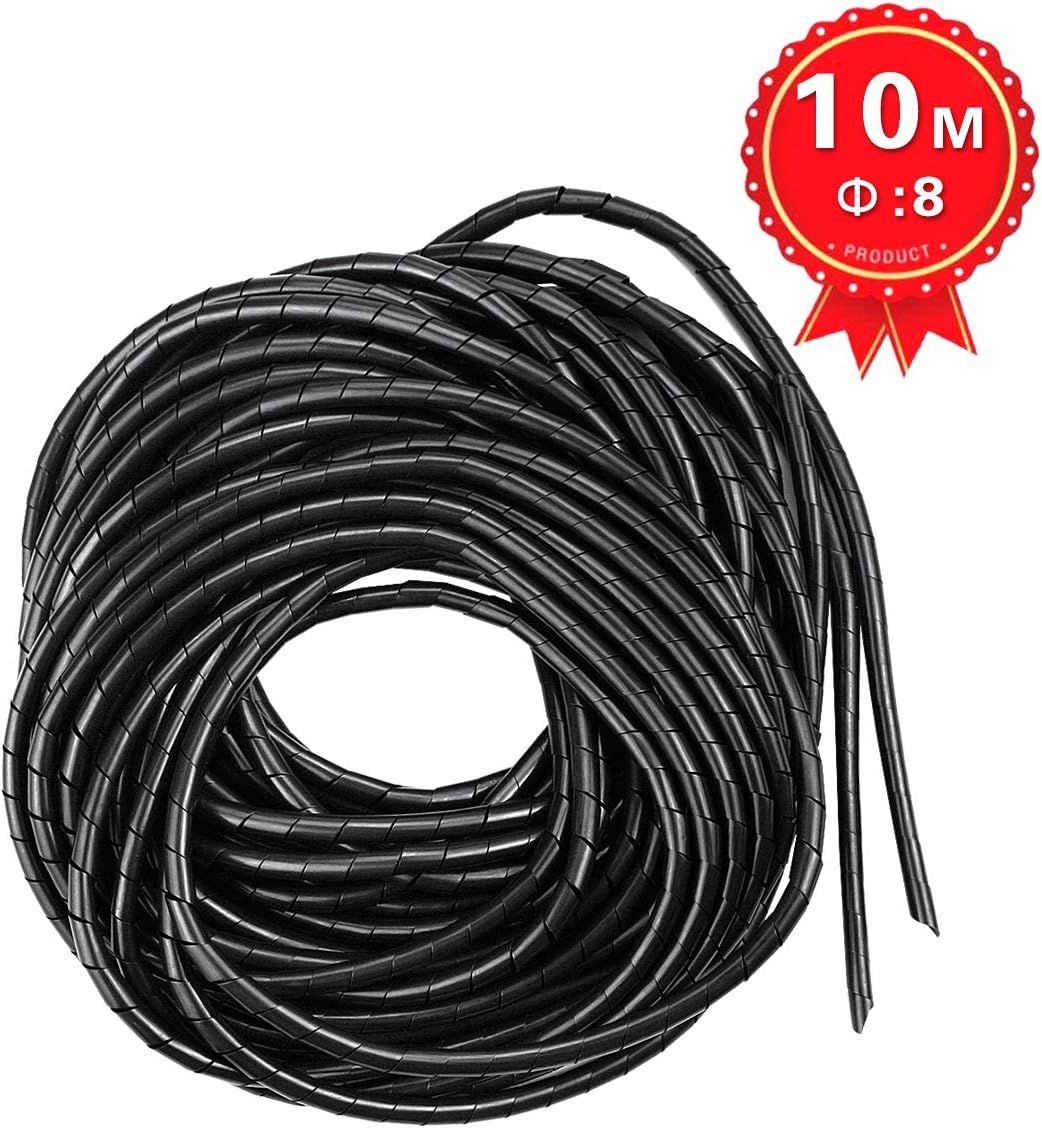 33FT XHF 5/16" Spiral Cable Wrap 8mm(Wrapping Range:6mm-60mm) Cord for Computer Electrical Wire Organizer Sleeve Hose RoHS Black