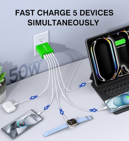 2 Pack 50W USB C Fast Charger Block,5-Port Type C Wall Charger Brick,2 USB A & 3 USB C PD3.0 Power Adapter Multiport Charging Plug Box for iPhone 12/13/14/15/16,Pad Mini/Pro, Cellphones(Green)