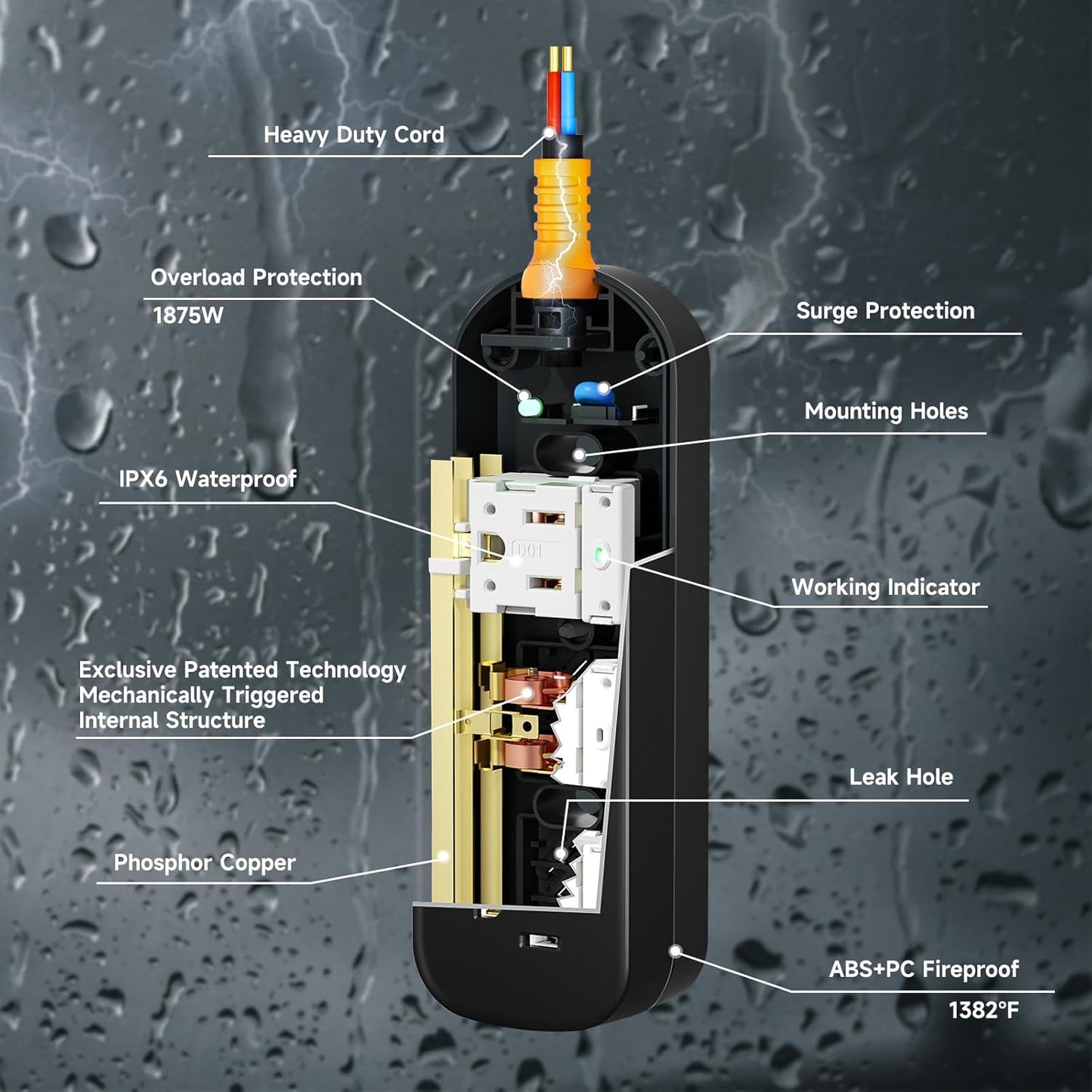 3-Outlet 10ft Extension Cord - Weatherproof Outdoor Power Strip, Mountable Small Power Strip for Home, Outdoor, Travel
