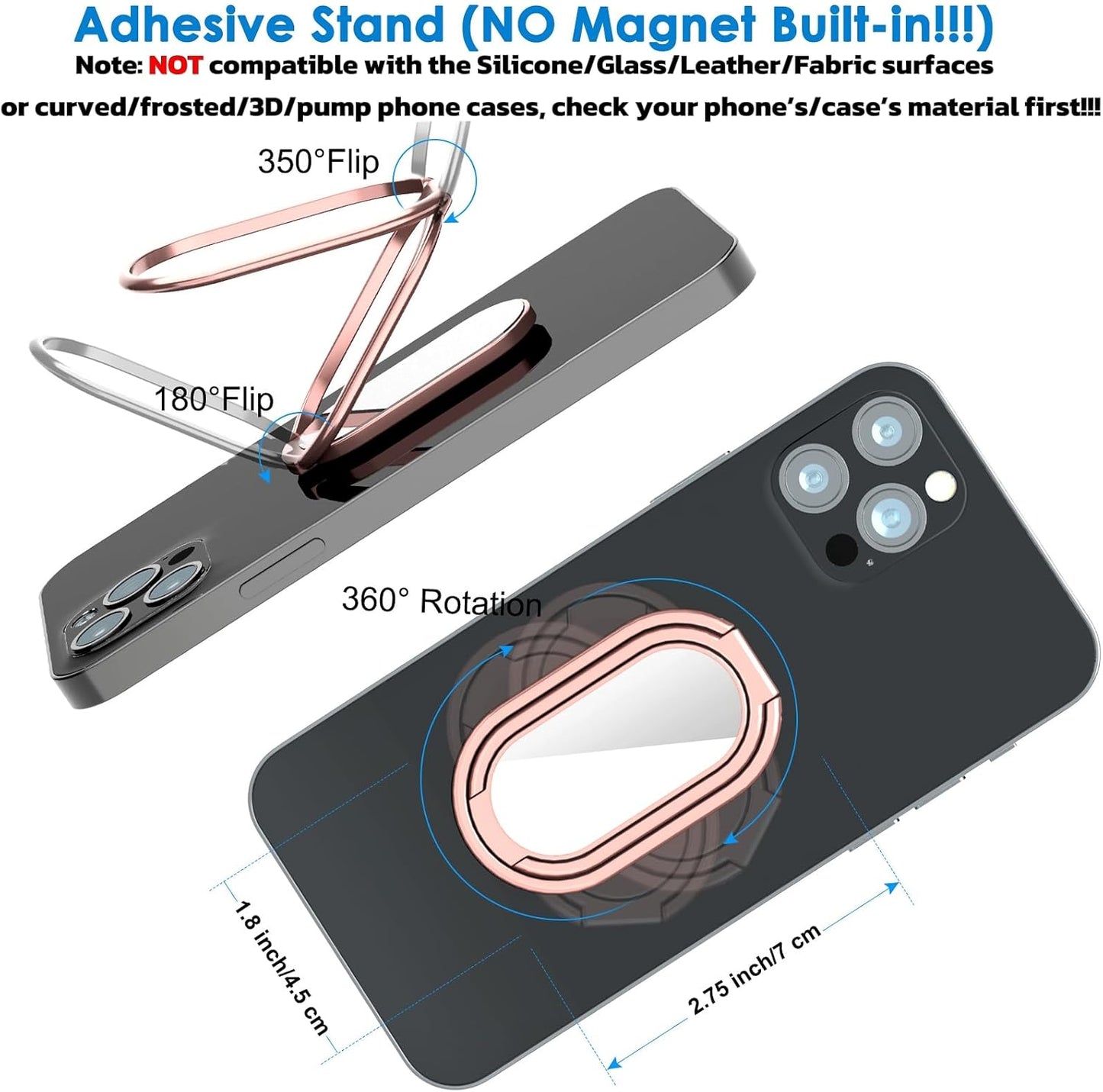 Phone Ring Holder Finger Kickstand, 360° Rotation Metal Phone Grip for Magnetic Car Mount Foldable Cell Phone Stand Compatible with Most Smartphones