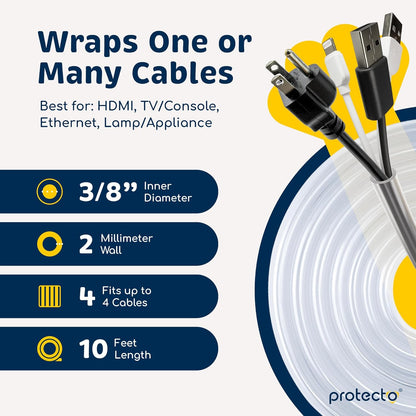PROTECTO Heavy Duty Cord Protectors from Pets No Chew Solution, 10ft Easy to Use Dog & Cat Cord Protector, Clear & Odorless Critter Cord Covers for Pets, Power Audio & Video Wire Protector Tubing