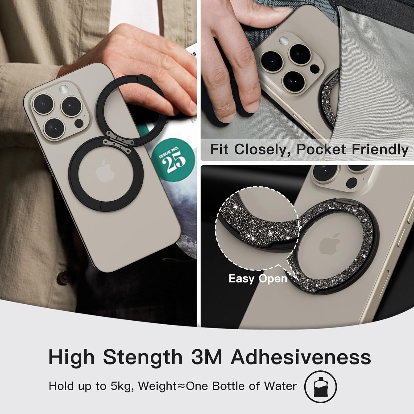 COOLQO 2Pcs 360 Spin Cell Grip Ring Phone Stand [Upgrade Gear Hinge Stress Relief] Magnetic Holders for Your car Accessories Desk Mount Compatible with iPhone All Smartphone, Glitter Black