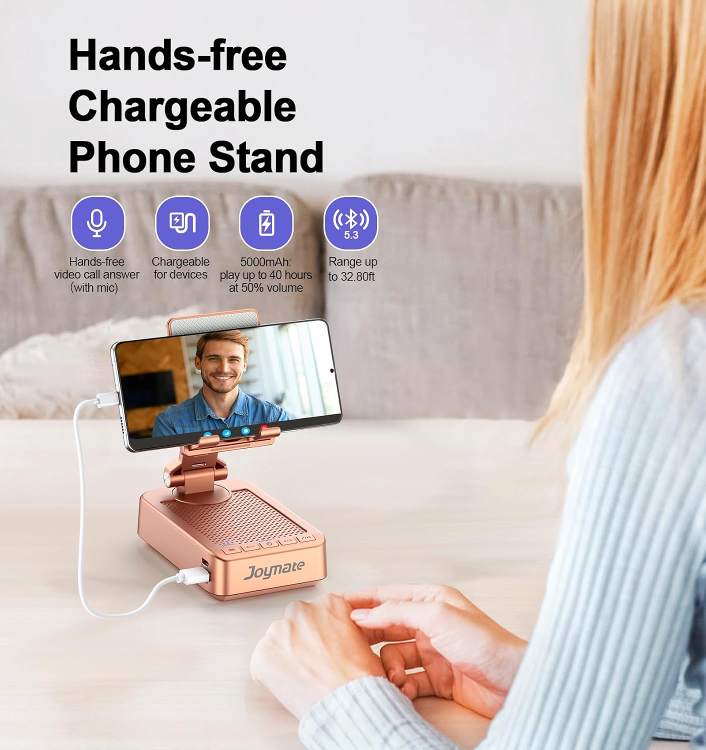 Gifts for Women Girls, Bluetooth Speaker Phone Stand with Charging Function 360° Rotable Adjustable Cell Phone Holder with HD Surround Sound for Desk Fits All Phones,Tablet (Rose Gold)