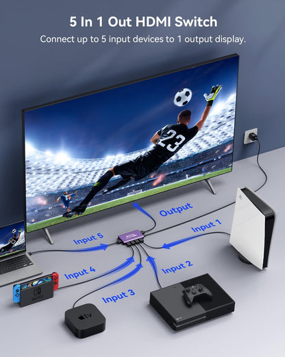 HDMI Switch 5 in 1 Out 4K@60Hz, GANA HDMI Splitter Switcher with Remote, Aluminum HDMI 2.0 Switch Box Hub for 3D, HDCP2.2, HDR, Compatible with Xbox, PS5/4/3,Fire Stick,Roku,Blu-Ray Player, Purple