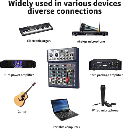 Dj Mixers 4 Channel Audio Mixer Sound Board with Bluetooth, Usb Audio Interface with 48V Phantom Power Sounds Mixer Board with FX Reverb Delay Effect for Streaming