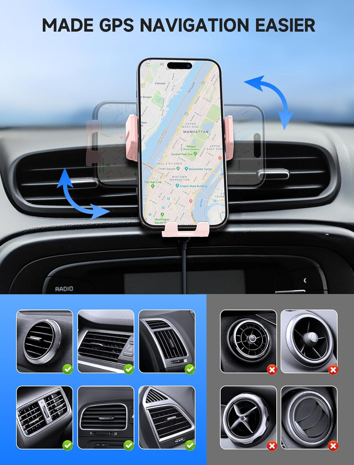 MOKPR Wireless Car Charger, 15W Auto Clamping Car Charger Dash Windshield Air Vent Phone Holder Compatible with iPhone 16 15 14/13/13 Pro/12 pro/12/11/X/8, Samsung S24/S23/S22, Pink