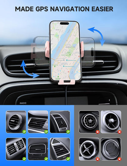 MOKPR Wireless Car Charger, 15W Auto Clamping Car Charger Dash Windshield Air Vent Phone Holder Compatible with iPhone 16 15 14/13/13 Pro/12 pro/12/11/X/8, Samsung S24/S23/S22, Pink