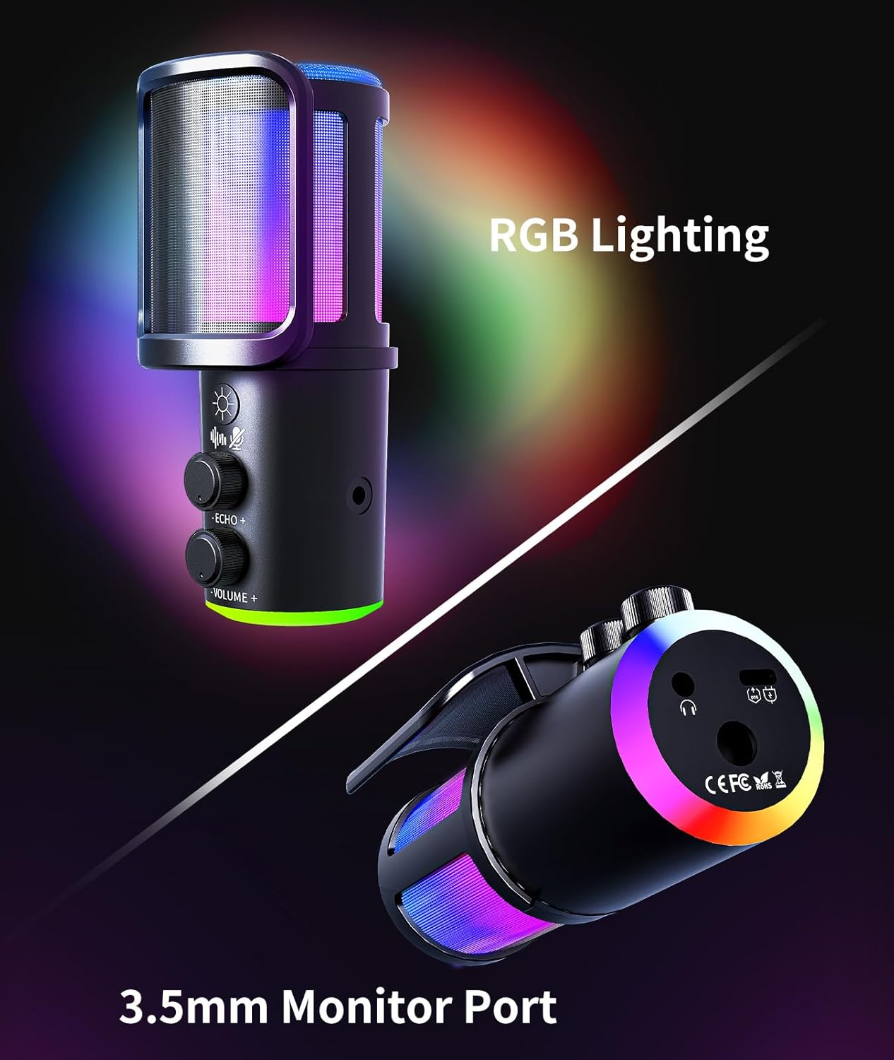 Gaming USB Microphone Kit with Boom Arm - RGB Condenser Mic with Noise Cancellation, Mute Button Reverb Adjustment, Monitoring for Streaming, Podcasting, Discord, YouTube