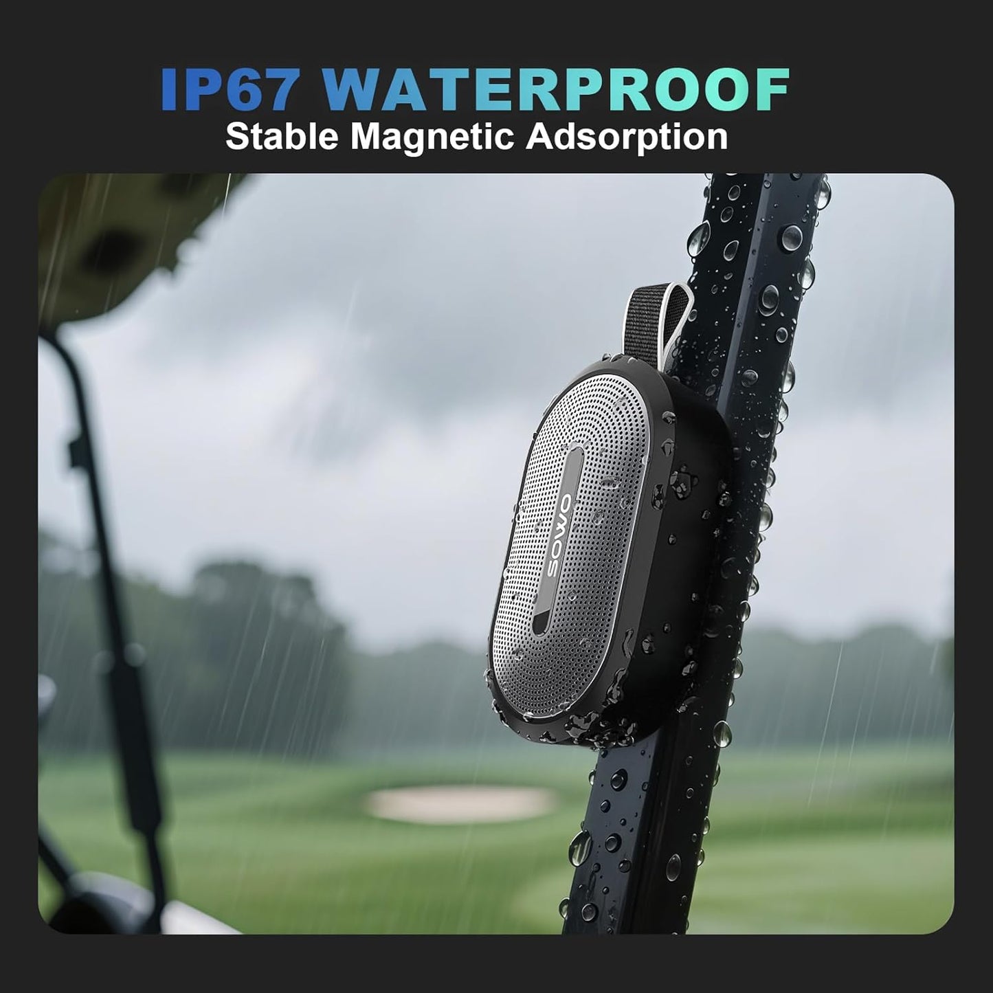 SOWO Wireless Portable Small Speaker, Ultra Magnetic Bluetooth Speaker for Golf Cart, Coverless IP67 Waterproof, 24 H Playtime, Pro Sound, Clip Hanging Design for Outdoor, Indoor - Black