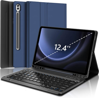 Galaxy Tab S9 FE+/ S9+ /S10+ 12.4 Inch Case with Keyboard, Detachable Bluetooth Keyboard with Pen Holder for Samsung Tab S10+ Plus/S9+ Plus/S9 FE+ Plus/S8+ Plus/S7FE/S7+ Plus 5G 12.4", Navy Blue