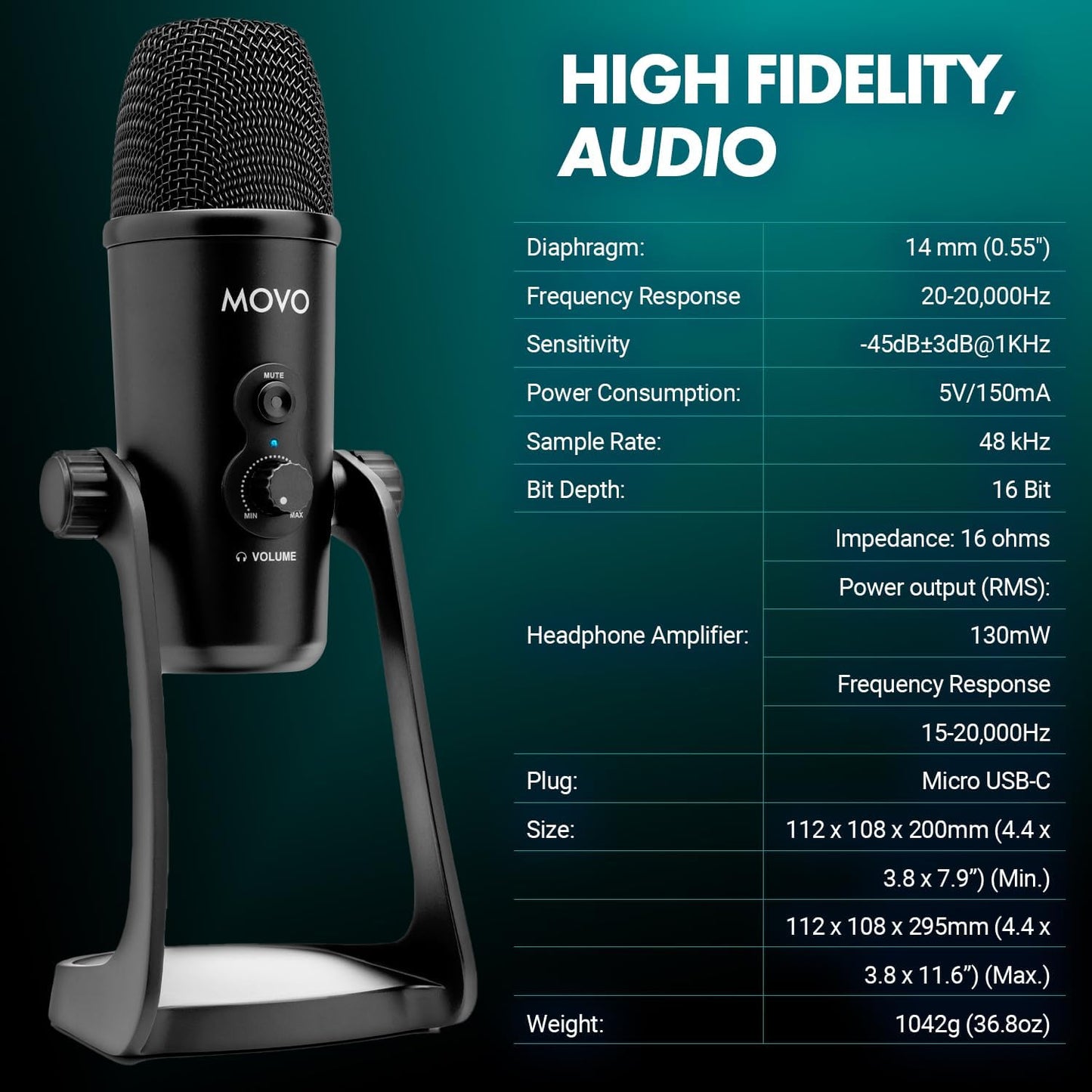 Movo UM700 Computer Condenser USB Gaming Mic with Adjustable Pickup Patterns - Microphone for PC, PS5, Podcasting, Streaming, ASMR
