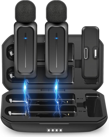 2 Pcs Wireless Lavalier Microphone for iPhone iPad Android with Charging Case 7H Clip on Lapel Microphone Wireless for Video Recording Vlogging, YouTube, Interview, 3 Mode Denoise, 70ft