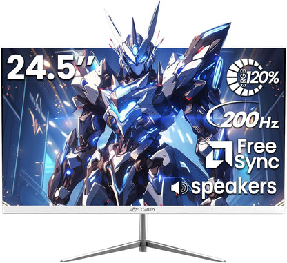 CRUA 24.5" White Gaming Monitor, 200Hz FHD(1920 * 1080P) VA Screen Computer Monitor, Supports Freesync, 120% sRGB, Blue Light Filter, Built-in Speakers, Wall Mountable Installs(HDMI 1.4/DP 1.2)