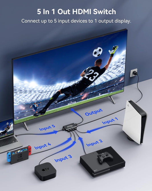 HDMI Switch 5 in 1 Out 4K@60Hz, GANA HDMI Splitter Switcher with Remote, Aluminum HDMI 2.0 Switch Box Hub for 3D, HDCP2.2, HDR, Compatible with Xbox, PS5/4/3,Fire Stick,Roku,Blu-Ray Player, Black