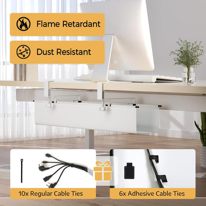 Under Desk Cable Management Tray 27.2" - No Drill Computer Wire Organizer Cable Tray, Cord Hider Clamp Mount with 16X Cable Ties PC Cables Management Cord Holder for Office/Home (Upgrade Fabric,White)