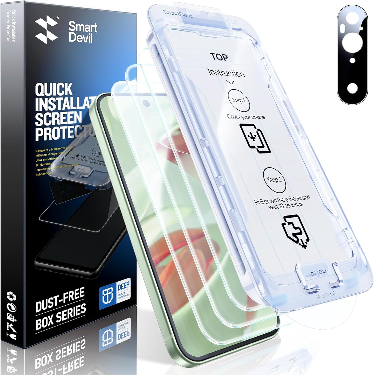 SMARTDEVIL [3+1 Pack Screen Protector For Google Pixel 9 With Camera Lens Protector, FingerPrint Reader Compatible, Clear 9H Tempered Glass Film, Fast & Easy Installation, Alignment Frame