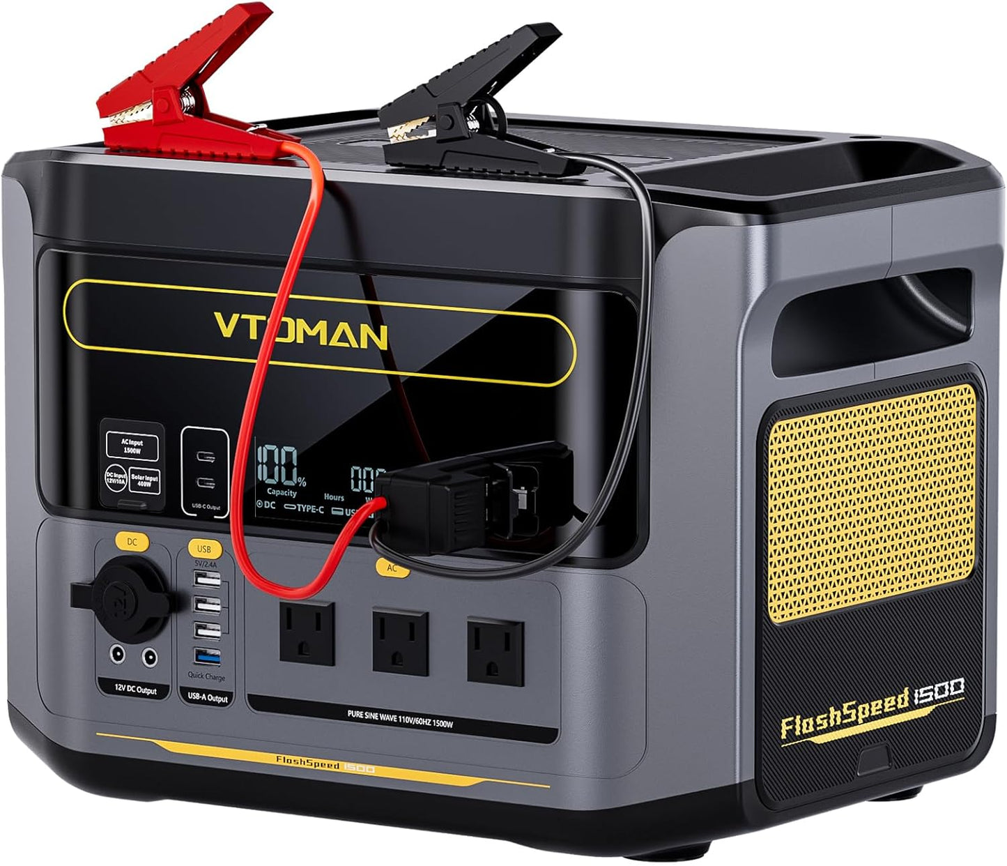 VTOMAN FlashSpeed 1500 Portable Power Station with Jumper Cables, 1548Wh LiFePO4 Solar Generator & Car Jump Starter, Recharge 0-100% in 1H, 1500W AC Output/Input, for Outdoor, Home, Roadside Rescue