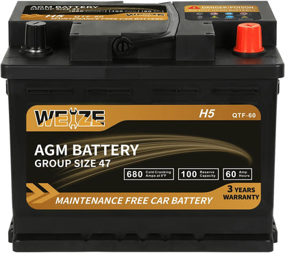 Weize Platinum AGM Battery BCI Group 47-12v 60ah H5 Size 47 Automotive Battery, 100RC, 680CCA, 36 Months Warranty, Dimensions 9.52" L x 6.89" W x 7.48" H