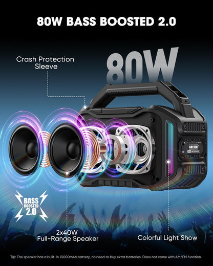 Speakers Bluetooth Wireless: 80W(Peak) Loud Speaker with Bass, 20H Playtime, IPX6 Waterproof, Large Jobsite Speakers for Work, Outdoor, Workshop, Garage, Portable Speaker with TWS (Black)