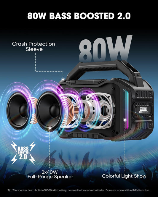 Speakers Bluetooth Wireless: 80W(Peak) Loud Speaker with Bass, 20H Playtime, IPX6 Waterproof, Large Jobsite Speakers for Work, Outdoor, Workshop, Garage, Portable Speaker with TWS (Black)