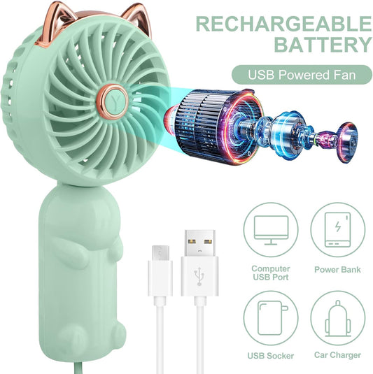 QearFun Portable Mini USB Rechargeable 3 Speed Personal Desk Table Fan with Base - Up to 12 Hours Operated Small Makeup Fan for Girls Women Outdoor (Green)