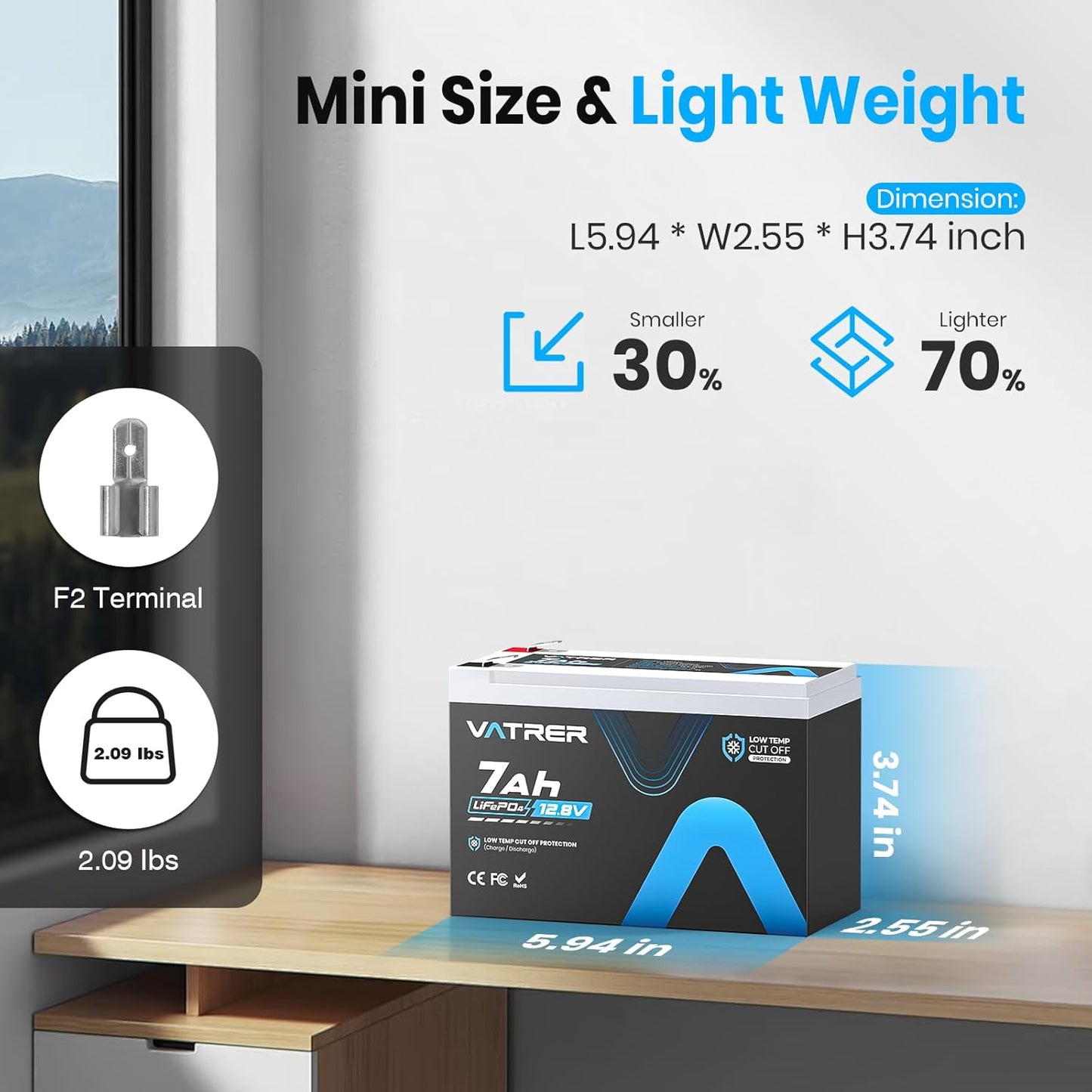 12V 7AH LiFePO4 Battery, Built-in 7A BMS, 5000+ Deep Cycles Rechargeable Lithium Battery, Lithium Iron Phosphate Battery for Fish Finder, Alarm System, Lighting, Small UPS