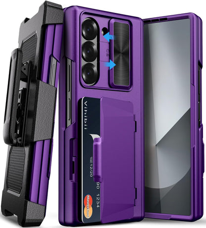 Vihibii for Samsung Galaxy Z Fold 6 Case Wallet with Belt Clip & Card Holder & Camera Lens Cover & Hinge Protection & Screen Protector, Full Body Cover Durable Case for Samsung Z Fold 6, Dark Purple