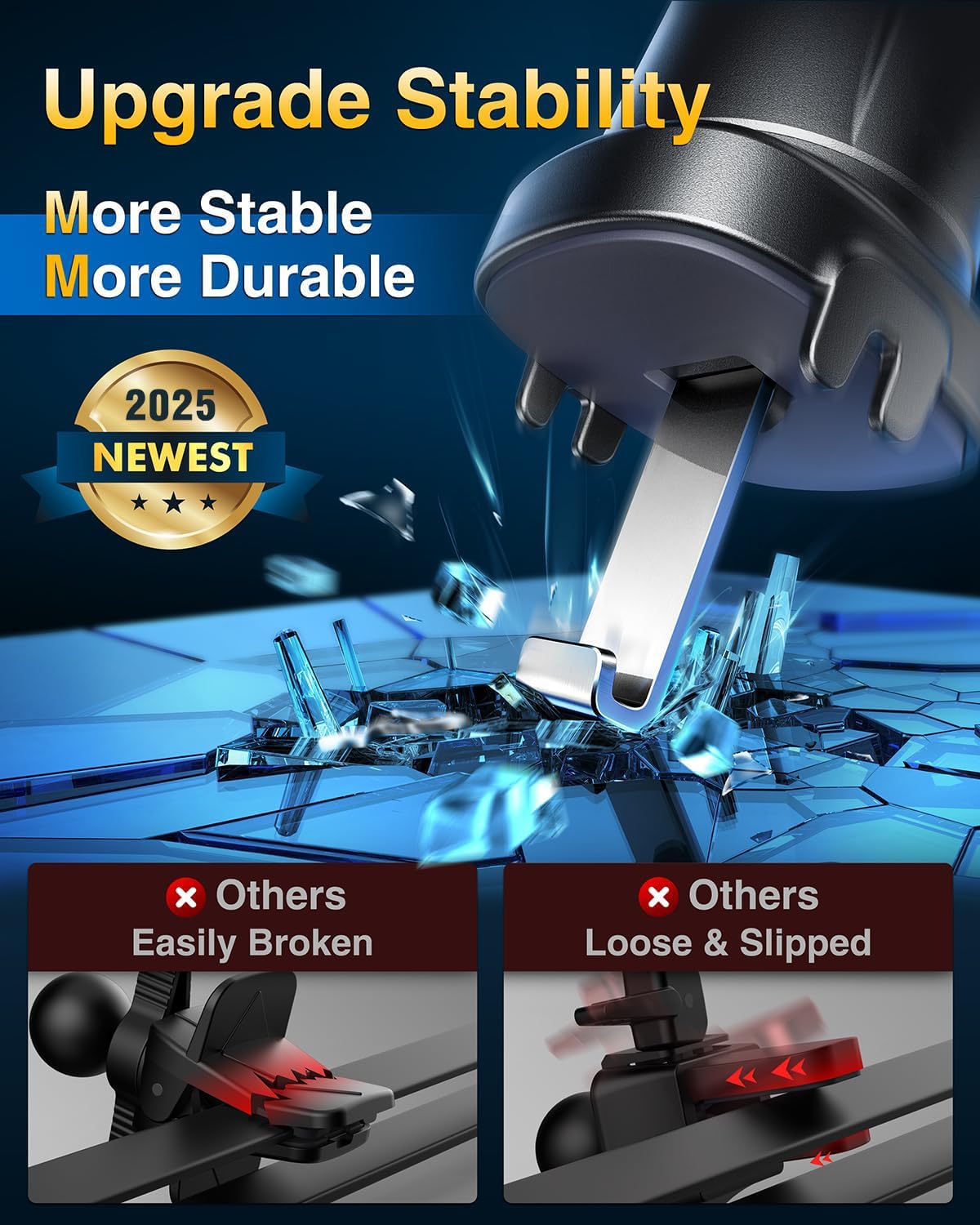 VANMASS Car Phone Holder Mount 2025 Upgraded [Patent Steel-Hook] Car Vent Phone Mount Clip Military-Grade Shockproof Cell Phone Car Mount Handsfree Truck Stand Vent Cradle for iPhone Android,Silvery