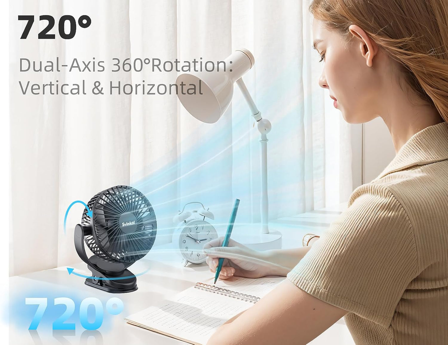 USB Personal Clip on Fan 5000mAh Battery Operated 6in, Type C, 3 Speed, 720° adjustment, Small Portable Fan for Table, Bedroom, Desk, dormitory, Camping, Stroller, Golf Cart