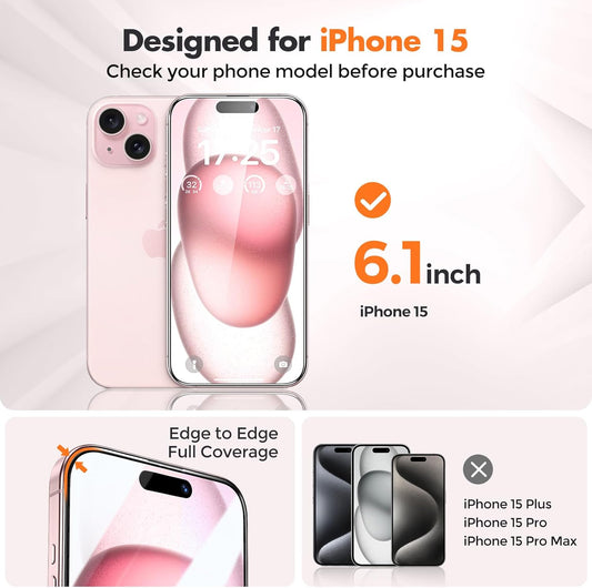 UNBREAKcable 3-Pack Screen Protector for iPhone 15, Double Shatterproof Tempered Glass [Easy Installation Frame] [99.99% HD Clear] [9H Hardness] [Full Coverage] [Case Friendly] for iPhone 6.1 inch