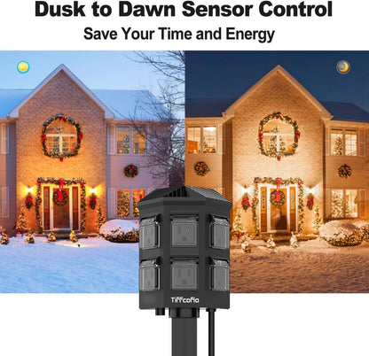 TiFFCOFiO Outdoor Power Strip Timer, Dusk to Dawn Light Sensor Countdown, 25 Feet Extension Cord Waterproof, 6 Grounded Outlets for Halloween and Christmas Decorations, ETL Listed (25 FT)