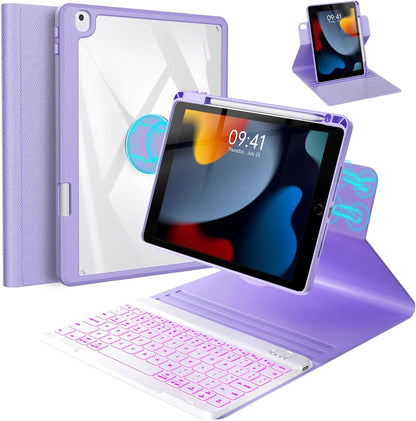 BLUTLOTUS Case for iPad 9th/8th/7th Generation with Keyboard 10.2 Inch,360° Rotatable Magnetic Keyboard Case,Pencil Holder&Grooves Design,7 Color Backlit Detachable Wireless Keyboard(Purple)