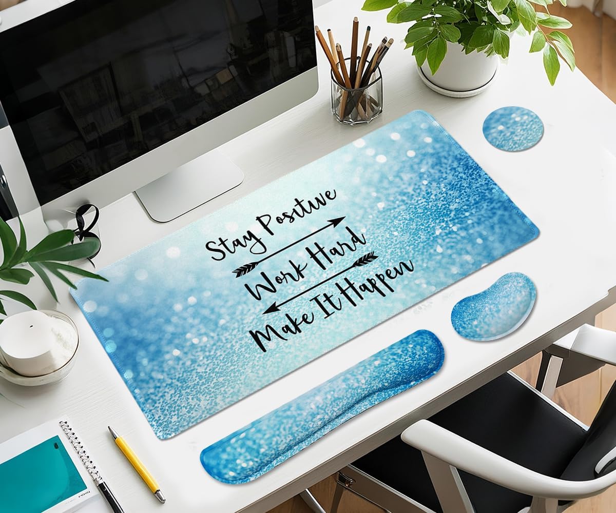 Large Mouse Pad and Keyboard Wrist Rest, Desk Pad for Keyboard and Mouse, 4-in-1 Large Gaming Mouse Pad with Wrist Support for Home Office Study Game-Stay Positive