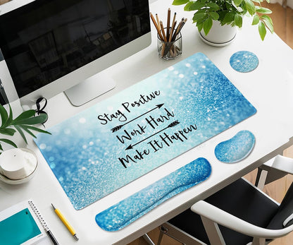 Large Mouse Pad and Keyboard Wrist Rest, Desk Pad for Keyboard and Mouse, 4-in-1 Large Gaming Mouse Pad with Wrist Support for Home Office Study Game-Stay Positive