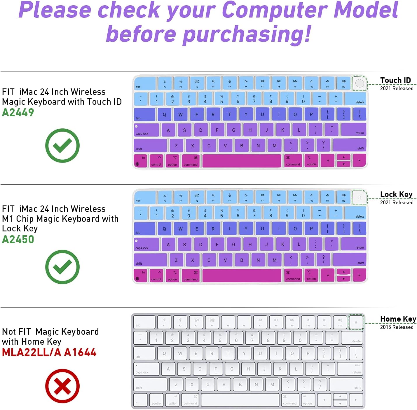 Allinside Silicone Keyboard Cover for iMac Magic Keyboard A2449/A2450, Protective Skin for iMac 24" Wireless Keyboard Released in 2021, US Layout, Ombre Blue Pink