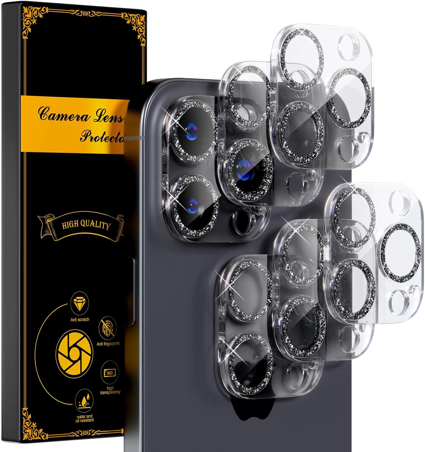 beuxece for 6 Pack iPhone 15 Pro/iPhone 15 Pro Max Camera Lens Protector [Drop Protection] [Case Friendly] [Easy Installation] 9H Tempered Glass Camera Screen Protector Cover, Glitter Black