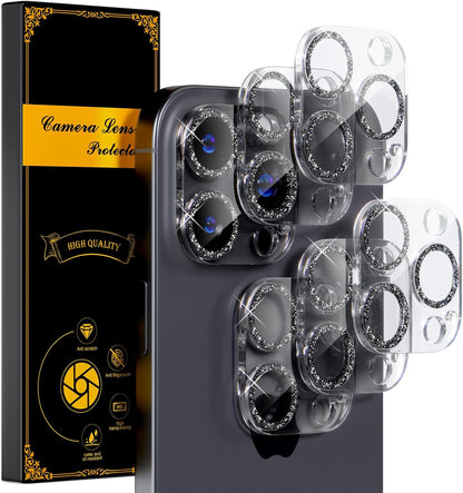 beuxece for 6 Pack iPhone 15 Pro/iPhone 15 Pro Max Camera Lens Protector [Drop Protection] [Case Friendly] [Easy Installation] 9H Tempered Glass Camera Screen Protector Cover, Glitter Black