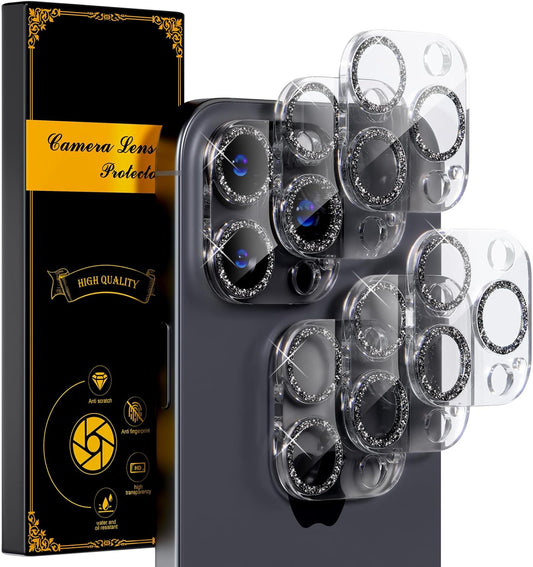 beuxece for 6 Pack iPhone 16 Pro/iPhone 16 Pro Max Camera Lens Protector [Drop Protection] [Case Friendly] [Easy Installation] 9H Tempered Glass Camera Screen Protector Cover, Glitter Black