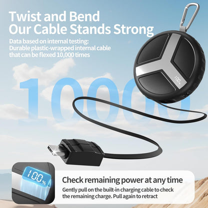 Vivilumens Retractable Power Bank Outdoor Portable 10000mAh Cell Phone Fast Charging Wearable Compact Battery Pack with 25.5 inch Built-in USB C Cable Compatible Iphone Lighting Function for Traveling