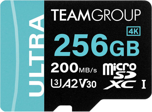 TEAMGROUP A2 Ultra Card 256GB Micro SDXC UHS-I U3 A2 V30, R/W up to 200/150 MB/s with Adapter TULMSDX256GIA2V3022503