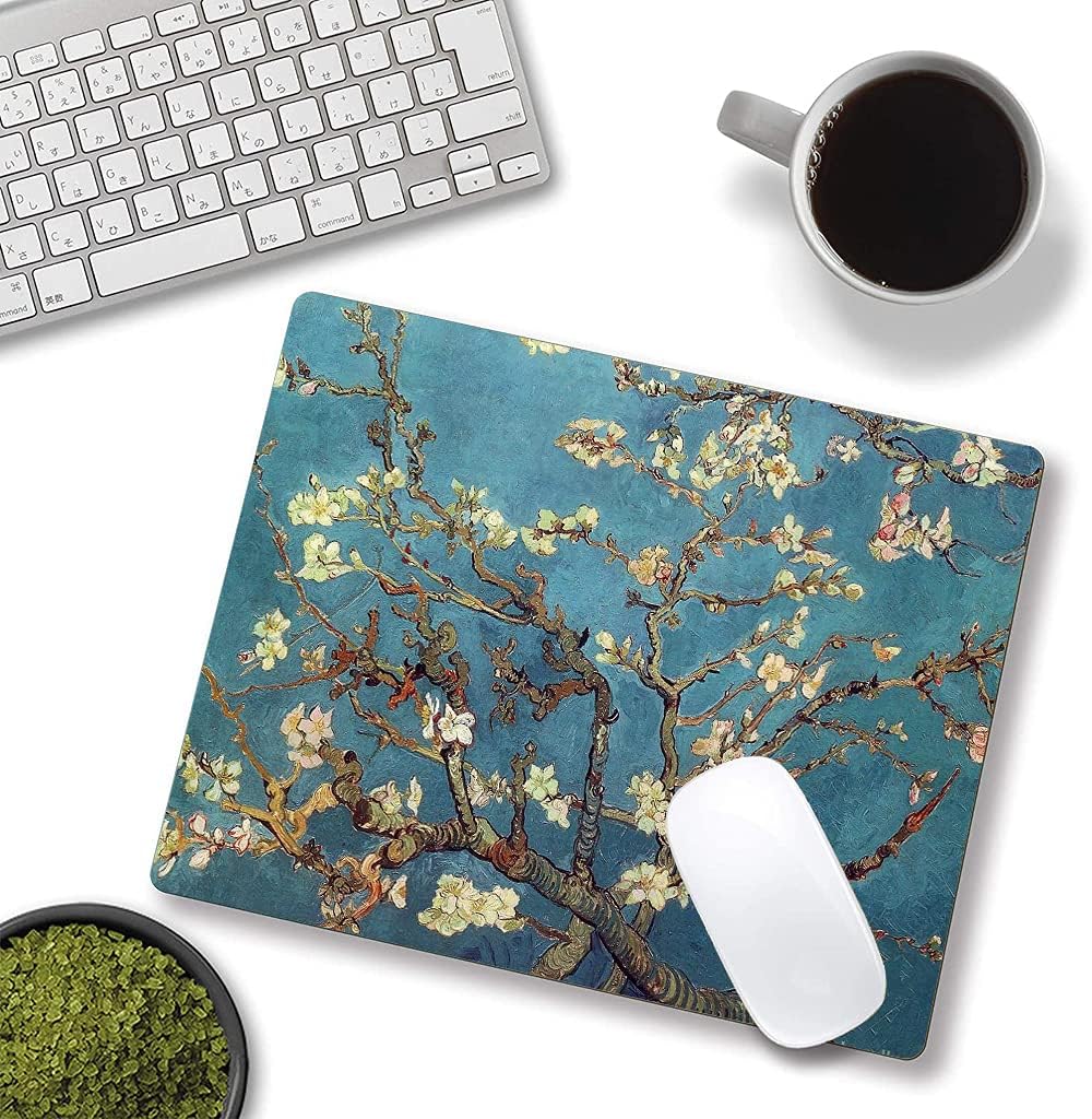 Almond Blossoms Van Gogh Mouse Pad, Oil Painting Flowers Mouse Mat, Square Waterproof Non-Slip Rubber Base MousePads for Office & Home Laptop