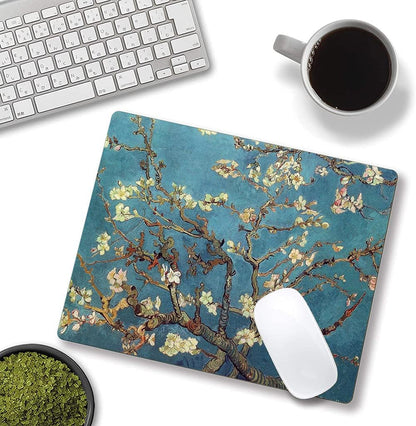 Almond Blossoms Van Gogh Mouse Pad, Oil Painting Flowers Mouse Mat, Square Waterproof Non-Slip Rubber Base MousePads for Office & Home Laptop