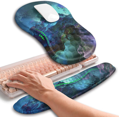 Hokafenle 2in1 Combination, Wave Keyboard Wrist Rest and Ergonomic Curvature Mouse Pad Wrist Support for Relieve Wrist Pain, Filled with Soft Cushion Memory Foam, Nebula Dreamland