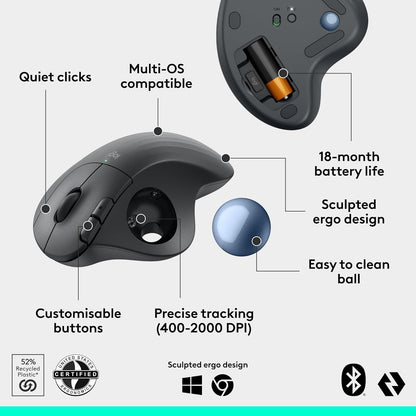 Logitech Ergo M575S Wireless Trackball Mouse, Wireless Ergonomic Mouse with Bluetooth and Encrypted Dongle, Comfortable Thumb Control, Precise and Smooth Tracking, for PC/Mac - Graphite Blue Ball