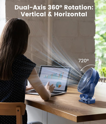 8-inch Clip-on Fan - 12000mAh Portable Rechargeable Battery, 3 Speeds, Strong Airflow, USB, Small Desk, Personal Quiet for Office, Stroller, Bedroom and Camping