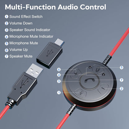 MAIRDI USB Headset with Microphone, Wired PC Headset, USB-A & USB-C Computer Headset with Mic Noise Canceling for Laptop Teams Office Work CallCenter Business Dragon Naturelly Speaking