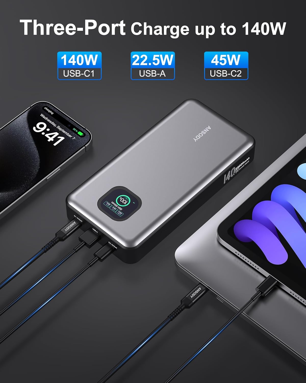 140W Power Bank, 25000mAh Laptop Portable Charger with Smart Digital Display, PD3.1 Fast Charging Battery Pack for MacBook Dell XPS iPad Tablet Steam Deck iPhone 16/15 Series Samsung Switch, Silver