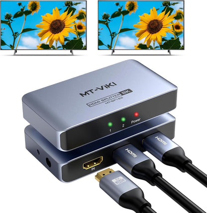 MT-VIKI 4K@120Hz HDMI Splitter 1 in 2 Out Aluminum HDMI Splitter 2.1, 8K@60Hz Duplicate/Mirror, 40Gbps, HDCP2.3, EDID (Non-bidirectional)